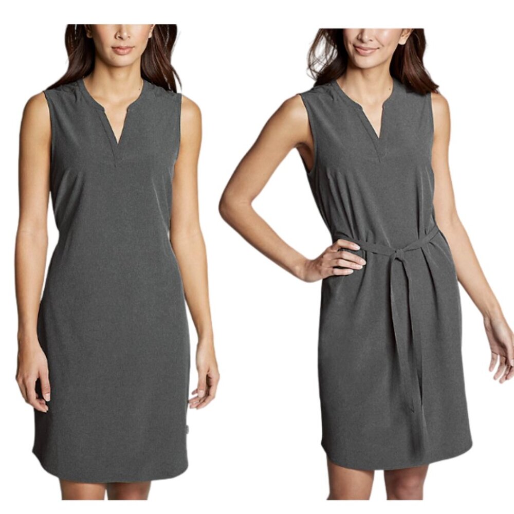 Eddie Bauer Departure sleeveless travel dress grey with tie belt size L NWOT